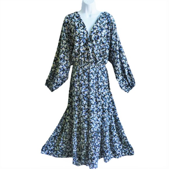H&M Peasant Calico Maxi Dress Floral Surplice Bodice Balloon Sleeves Ruffle Hem - Picture 1 of 6